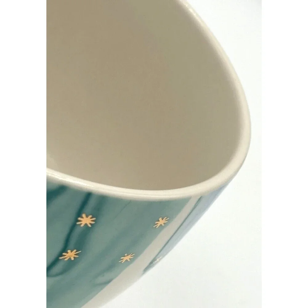 Anthropologie‎ Night Sky Bowl Stoneware Blue Teal Drip Watercolor Wash Gold Star